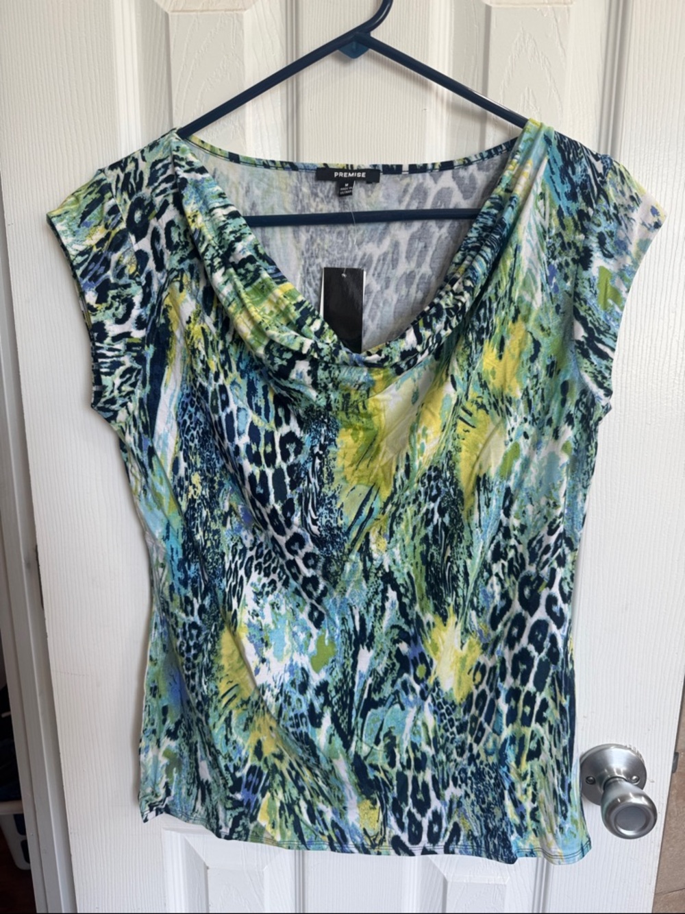 Premise Women's Draped Cowl Neck Top in Green, Blue, Yellow